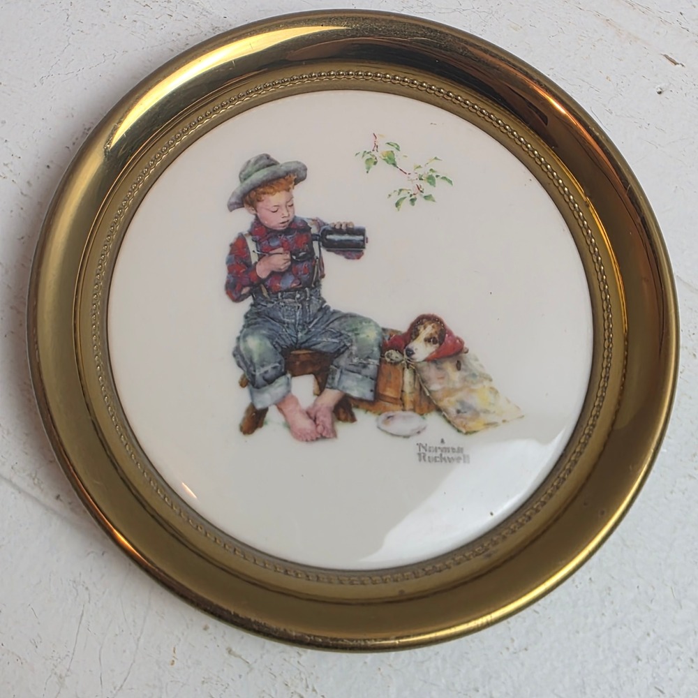 Vintage Gorham Norman Rockwell 'The Mysterious Malady' Brass Porcelain Plate 5in
